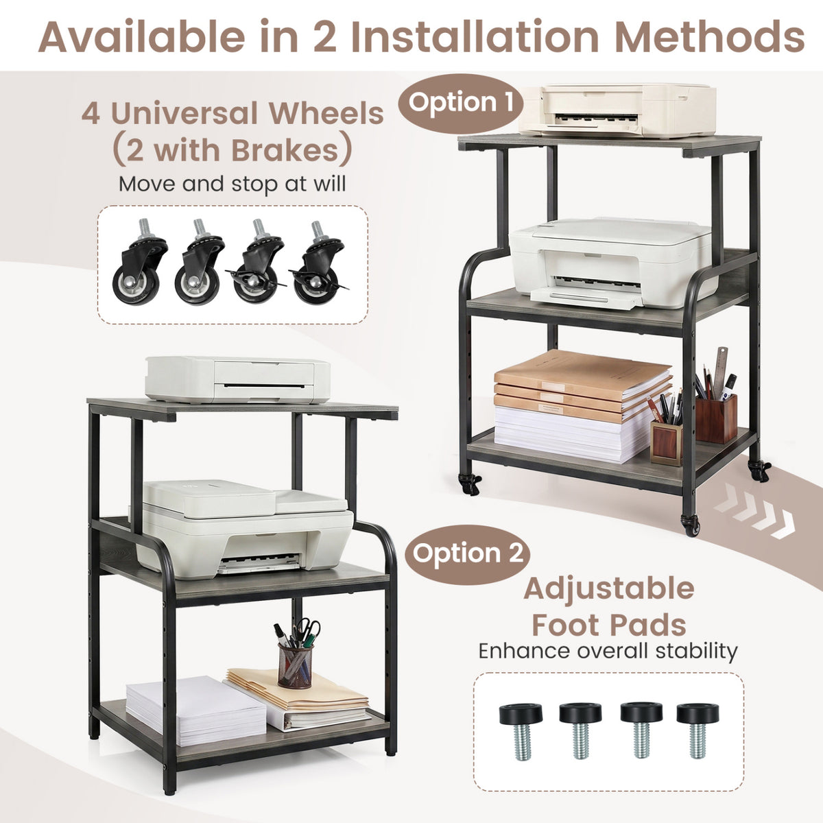 3-Tier Rolling Printer Stand with Adjustable Shelf and Lockable Wheels-Oak
