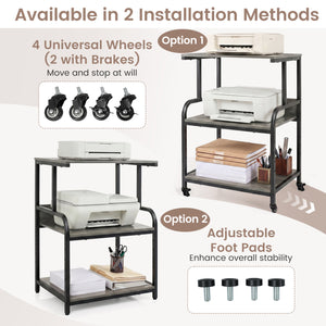 3-Tier Rolling Printer Stand with Adjustable Shelf and Lockable Wheels-Oak