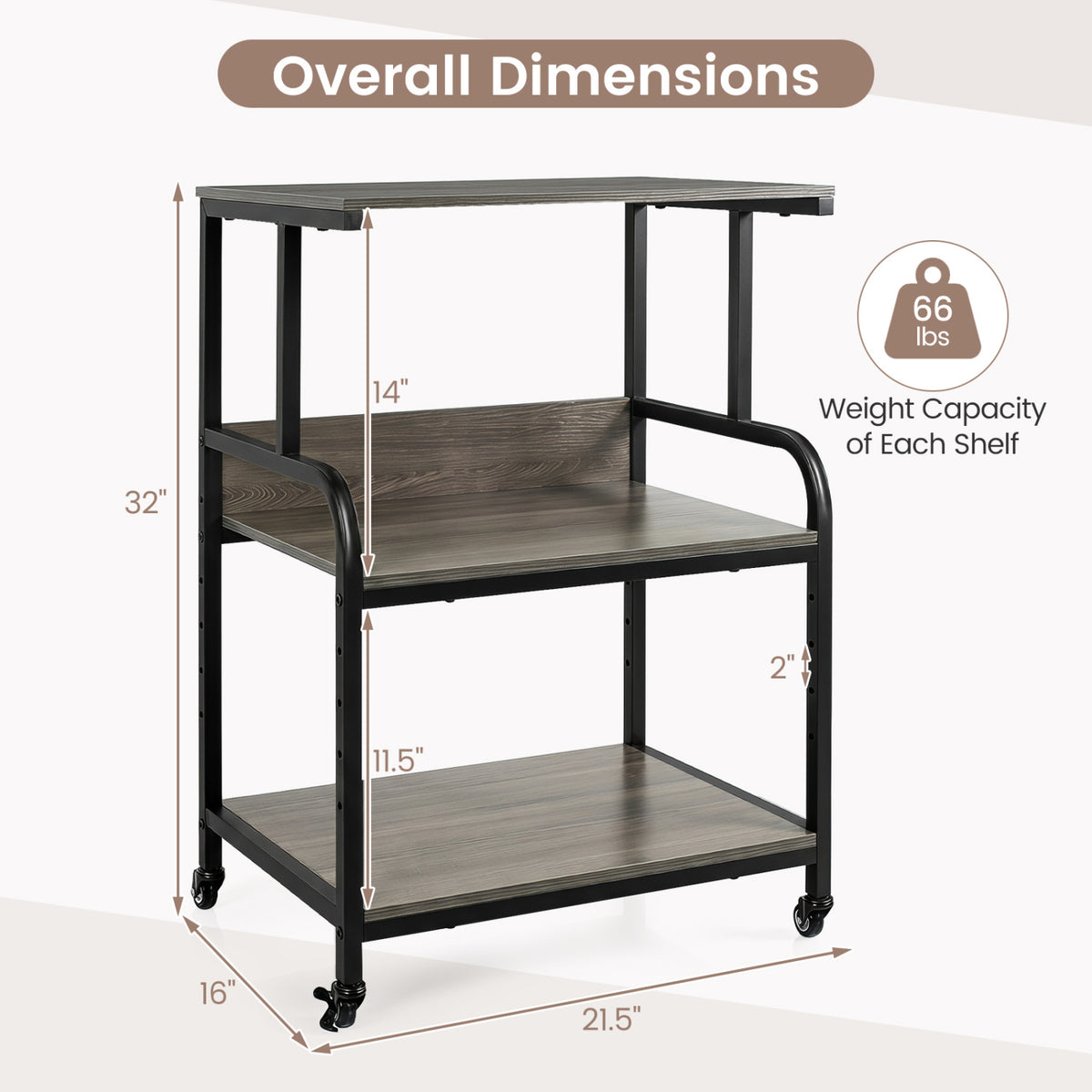 3-Tier Rolling Printer Stand with Adjustable Shelf and Lockable Wheels-Oak
