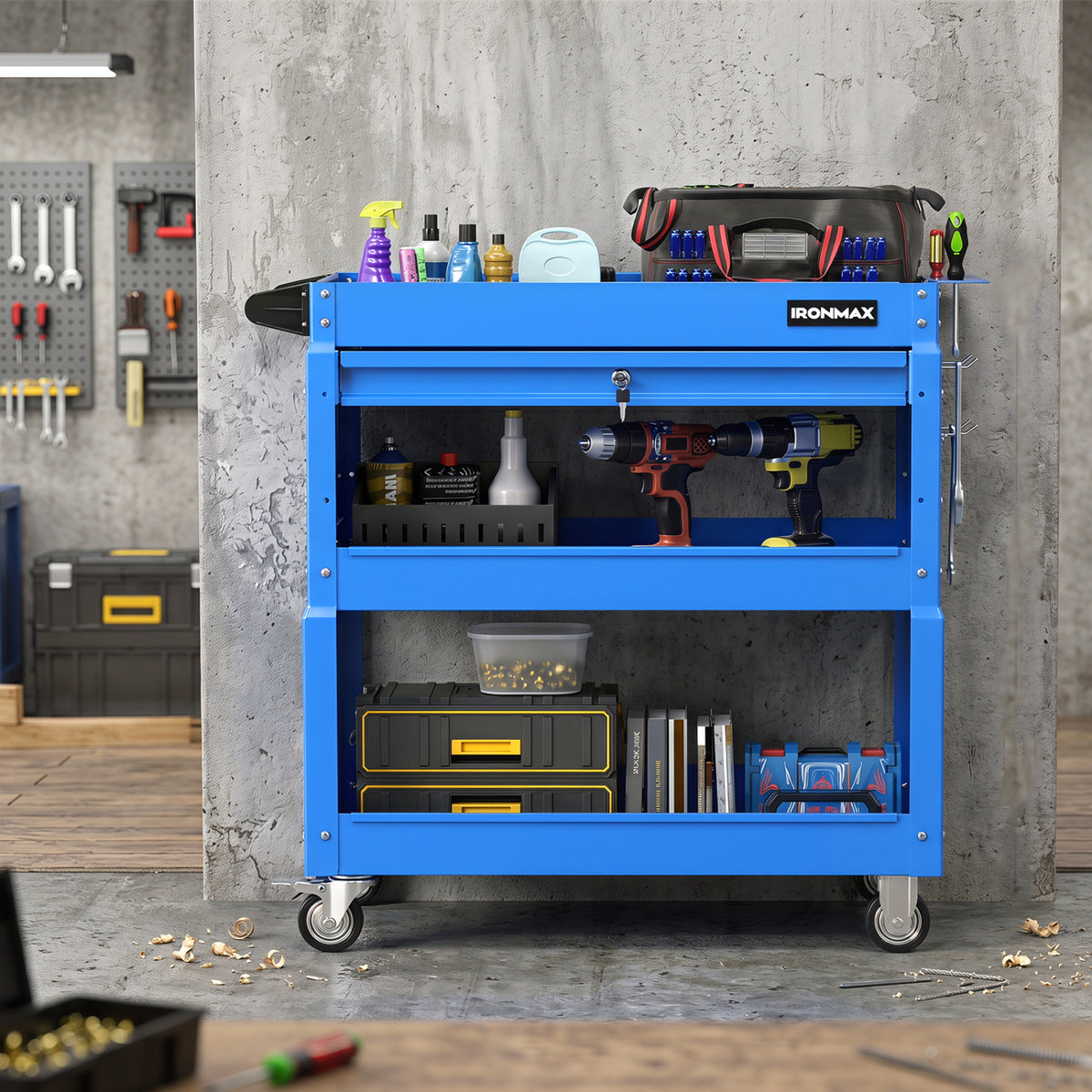 3 Tier Rolling Tool Cart with Lockable Drawer for Garage and Workshop-Blue