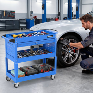 3 Tier Rolling Tool Cart with Lockable Drawer for Garage and Workshop-Blue
