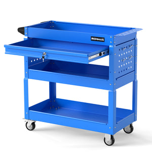 3 Tier Rolling Tool Cart with Lockable Drawer for Garage and Workshop-Blue