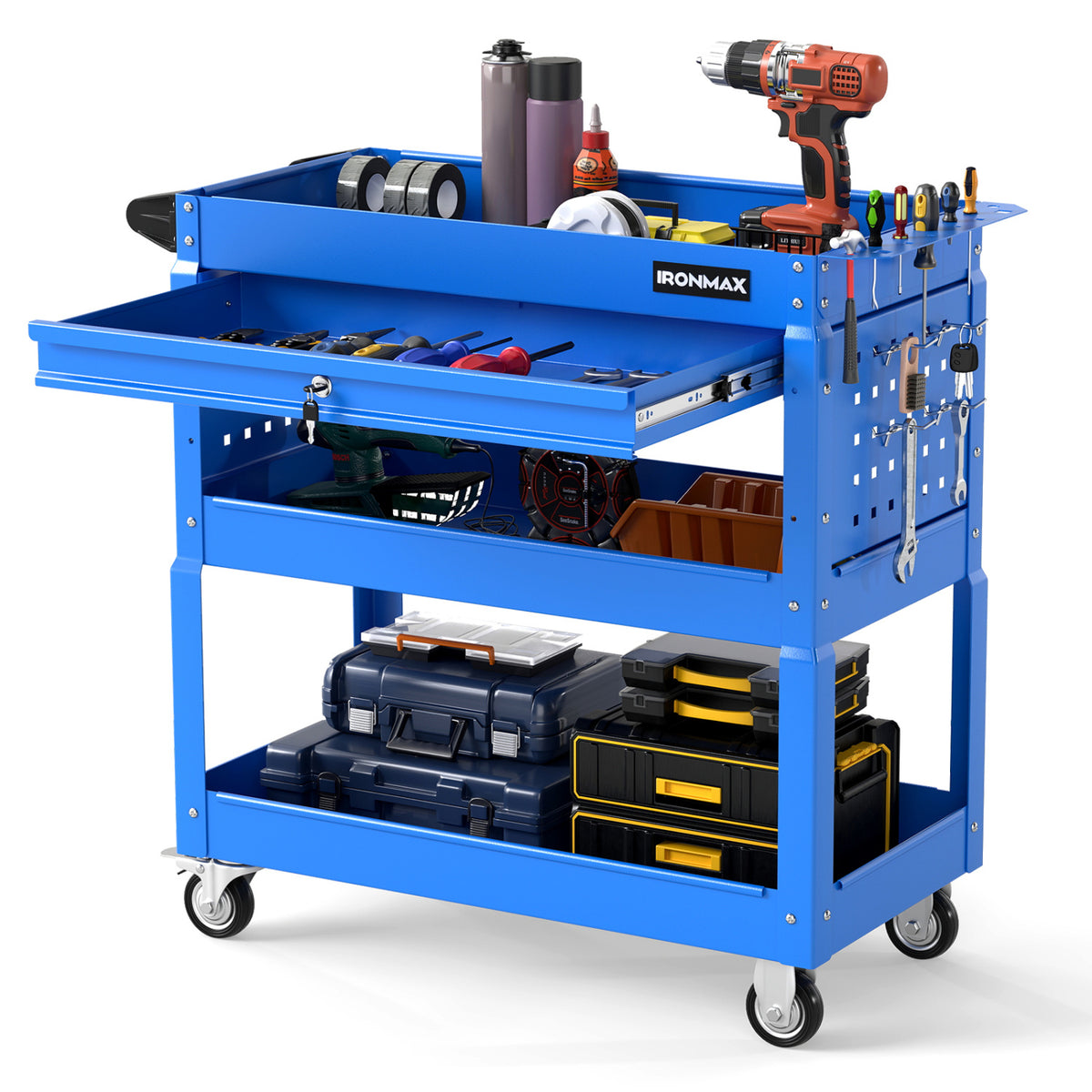3 Tier Rolling Tool Cart with Lockable Drawer for Garage and Workshop-Blue
