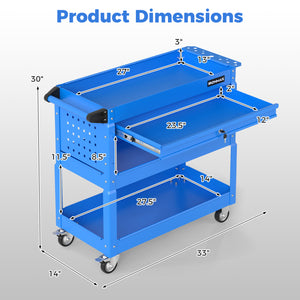 3 Tier Rolling Tool Cart with Lockable Drawer for Garage and Workshop-Blue