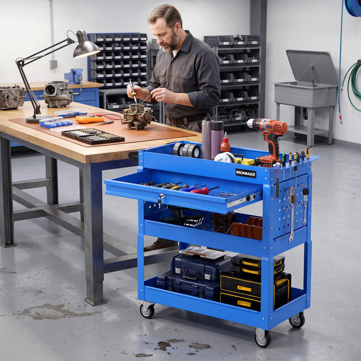 3 Tier Rolling Tool Cart with Lockable Drawer for Garage and Workshop-Blue