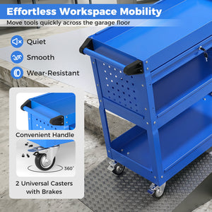 3 Tier Rolling Tool Cart with Lockable Drawer for Garage and Workshop-Blue