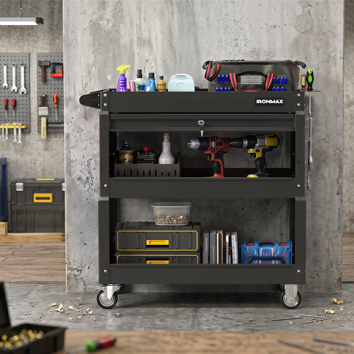 3 Tier Rolling Tool Cart with Lockable Drawer for Garage and Workshop-Black