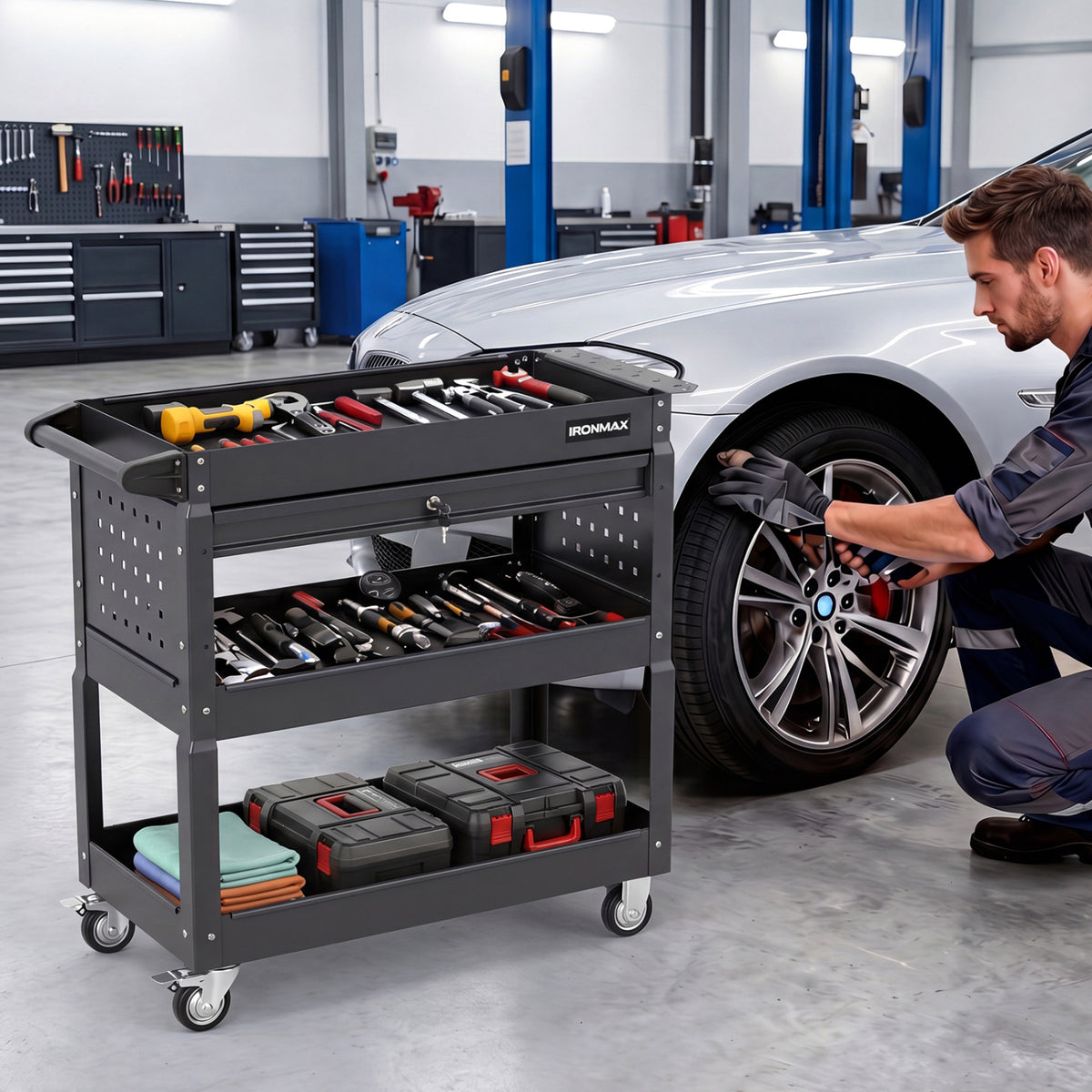 3 Tier Rolling Tool Cart with Lockable Drawer for Garage and Workshop-Black