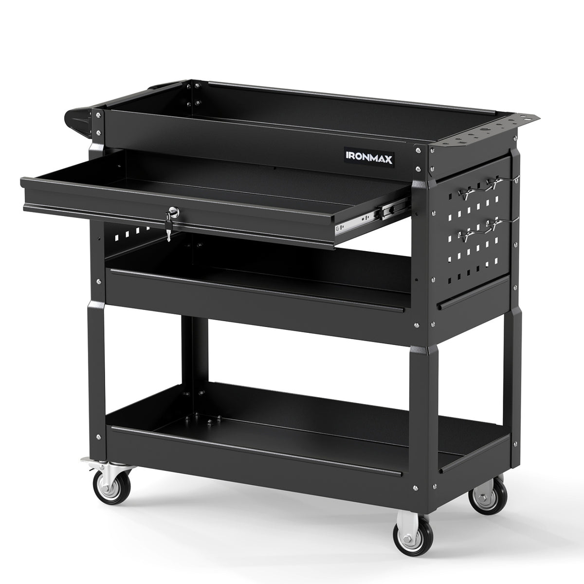3 Tier Rolling Tool Cart with Lockable Drawer for Garage and Workshop-Black
