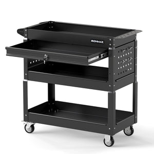 3 Tier Rolling Tool Cart with Lockable Drawer for Garage and Workshop-Black