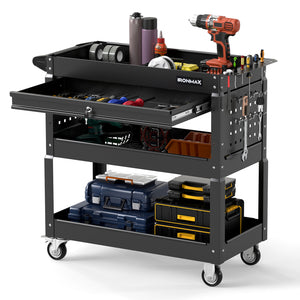 3 Tier Rolling Tool Cart with Lockable Drawer for Garage and Workshop-Black