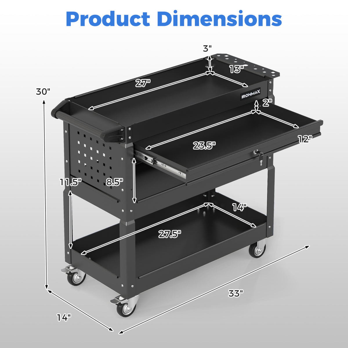 3 Tier Rolling Tool Cart with Lockable Drawer for Garage and Workshop-Black