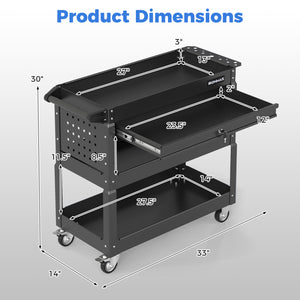 3 Tier Rolling Tool Cart with Lockable Drawer for Garage and Workshop-Black