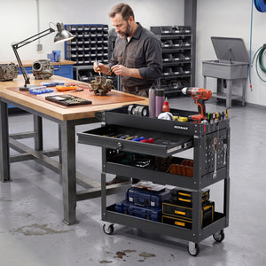 3 Tier Rolling Tool Cart with Lockable Drawer for Garage and Workshop-Black