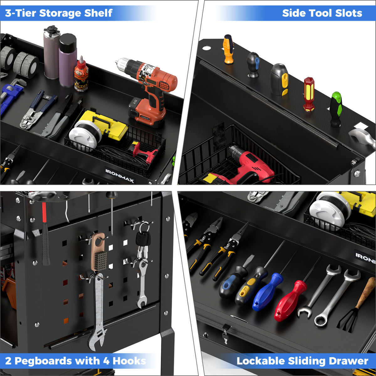 3 Tier Rolling Tool Cart with Lockable Drawer for Garage and Workshop-Black