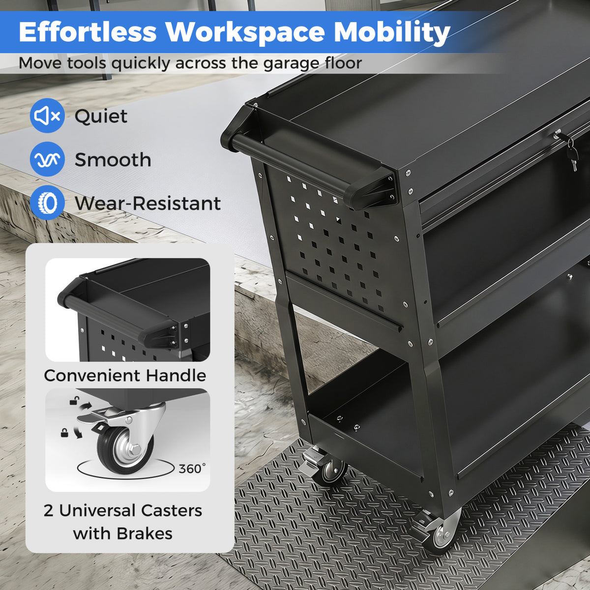 3 Tier Rolling Tool Cart with Lockable Drawer for Garage and Workshop-Black