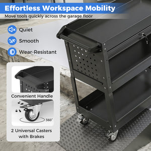 3 Tier Rolling Tool Cart with Lockable Drawer for Garage and Workshop-Black