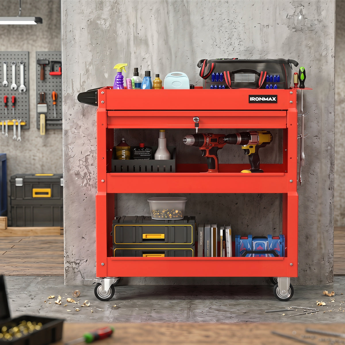 3 Tier Rolling Tool Cart with Lockable Drawer for Garage and Workshop-Red