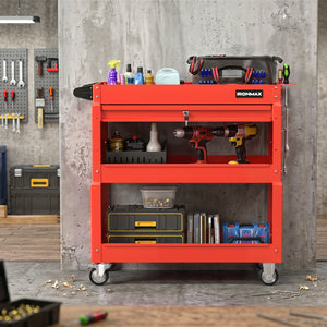 3 Tier Rolling Tool Cart with Lockable Drawer for Garage and Workshop-Red