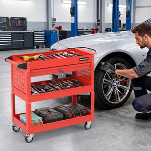 3 Tier Rolling Tool Cart with Lockable Drawer for Garage and Workshop-Red