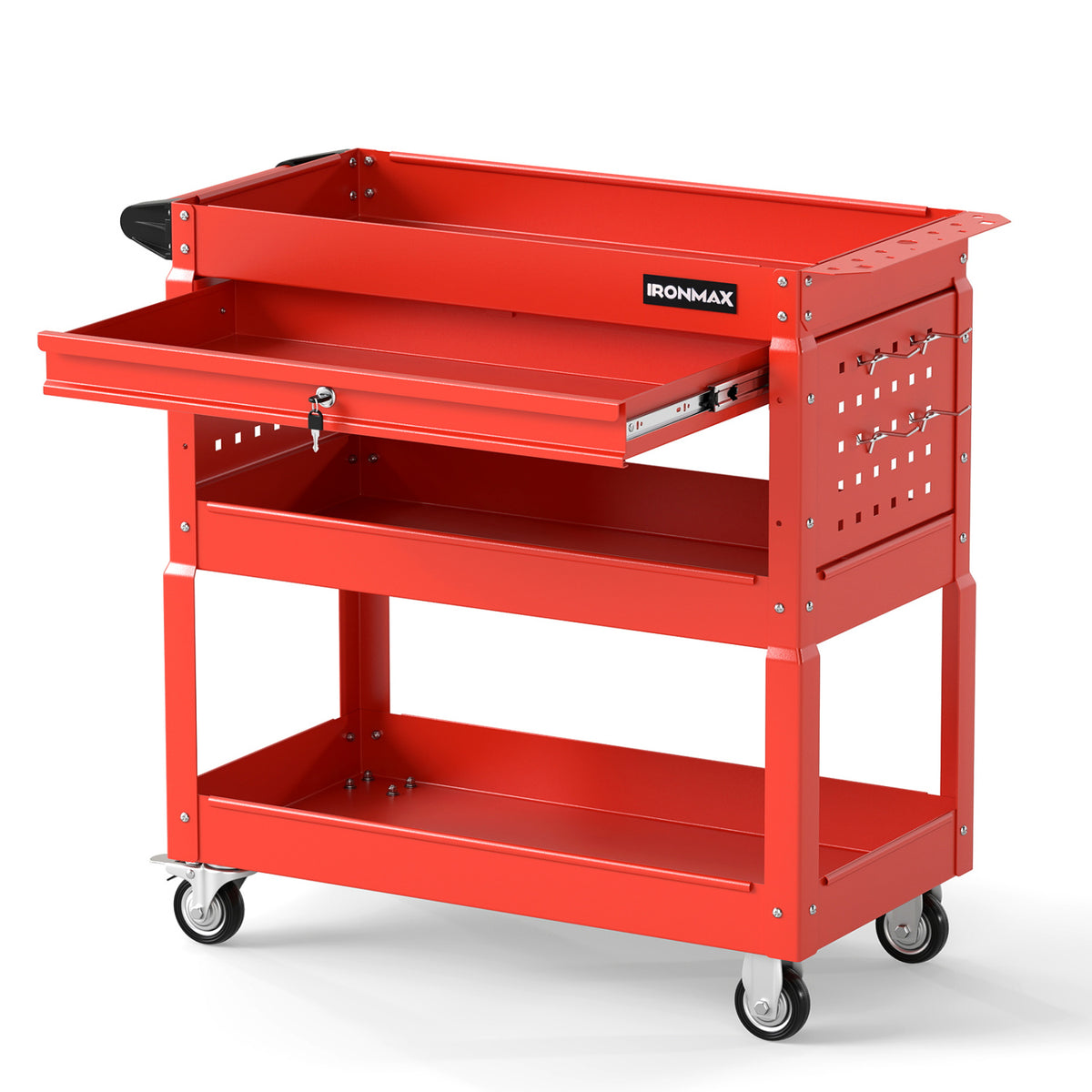 3 Tier Rolling Tool Cart with Lockable Drawer for Garage and Workshop-Red