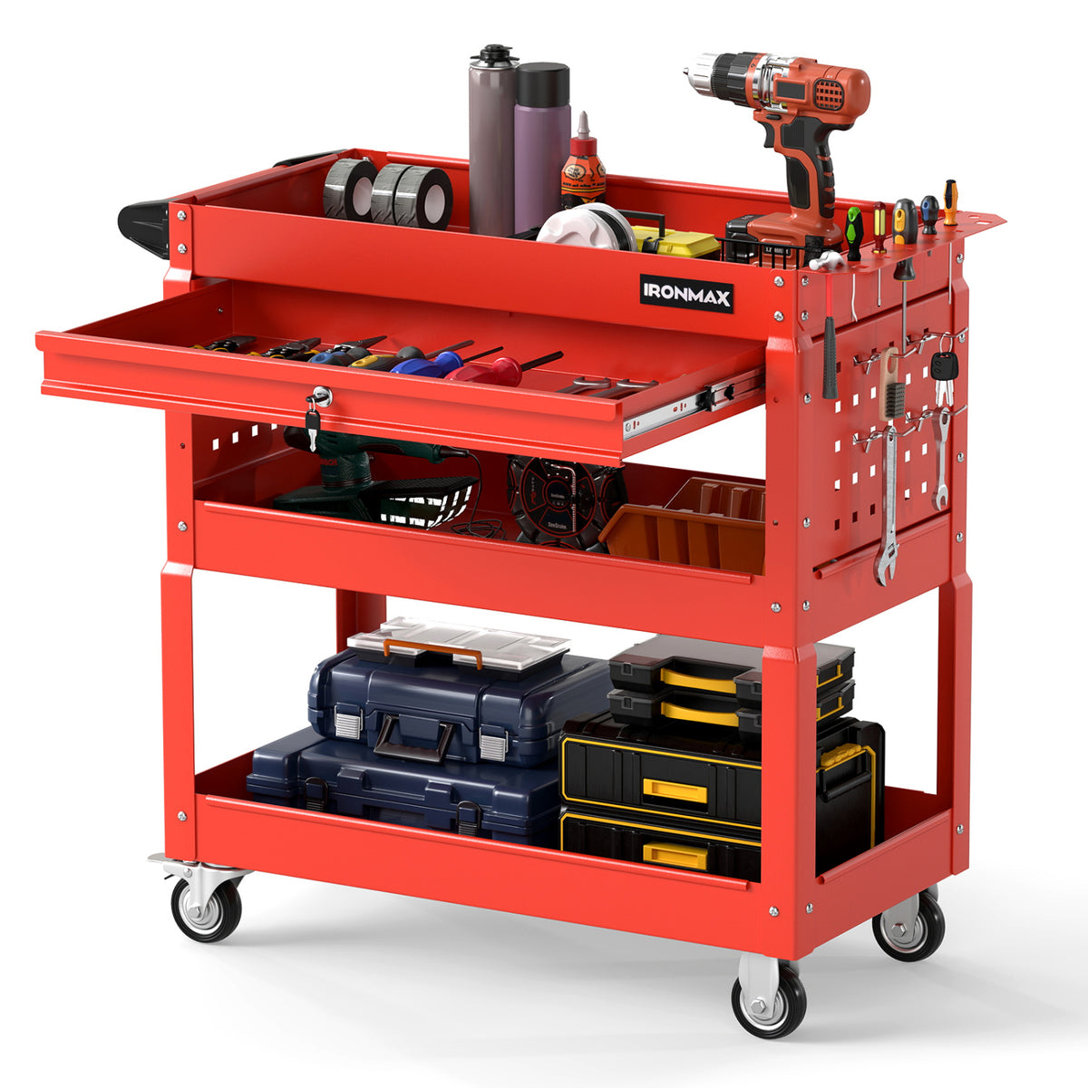 3 Tier Rolling Tool Cart with Lockable Drawer for Garage and Workshop-Red