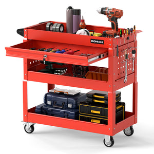 3 Tier Rolling Tool Cart with Lockable Drawer for Garage and Workshop-Red