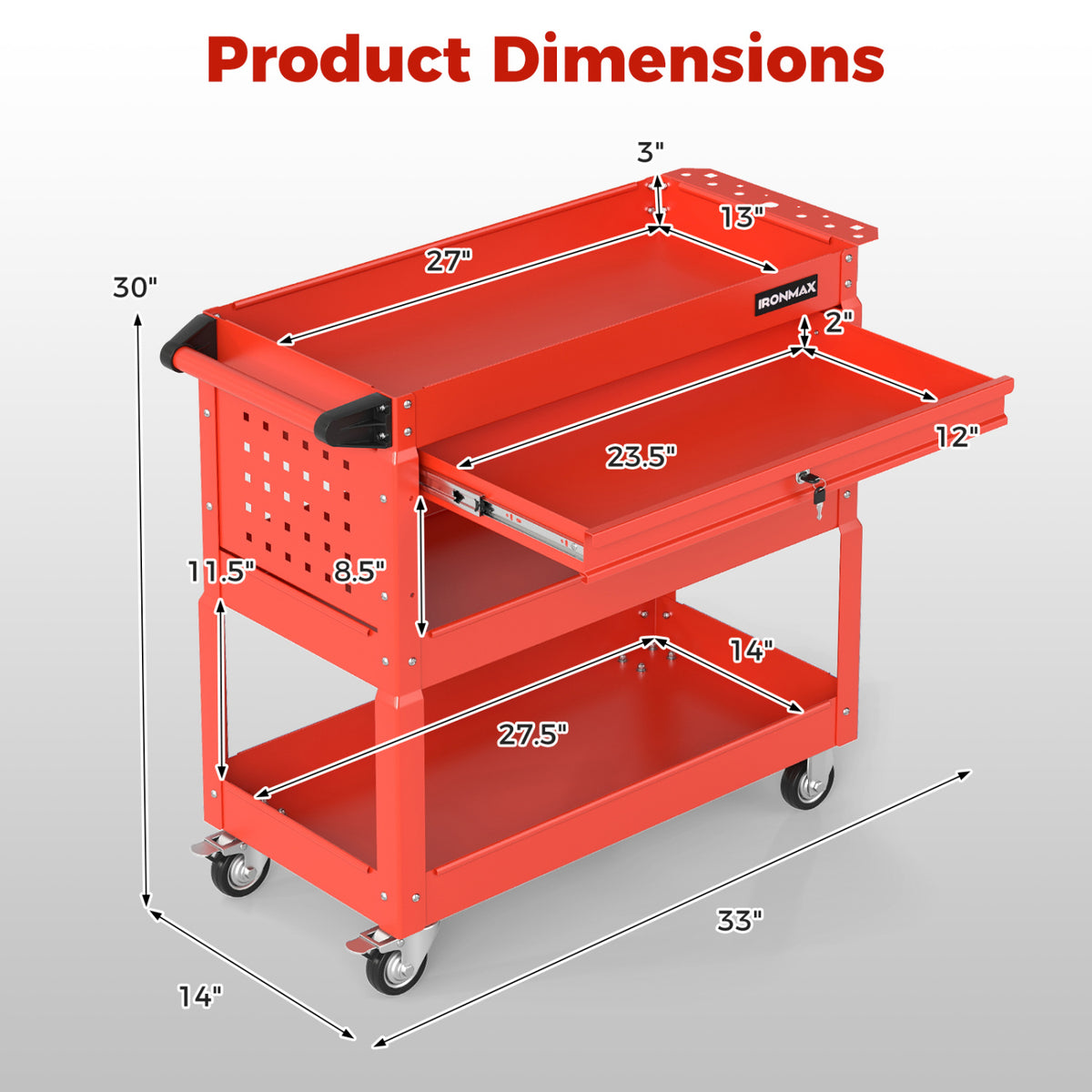 3 Tier Rolling Tool Cart with Lockable Drawer for Garage and Workshop-Red