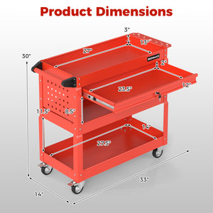 3 Tier Rolling Tool Cart with Lockable Drawer for Garage and Workshop-Red
