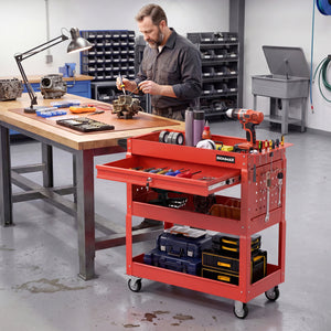 3 Tier Rolling Tool Cart with Lockable Drawer for Garage and Workshop-Red