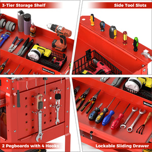 3 Tier Rolling Tool Cart with Lockable Drawer for Garage and Workshop-Red