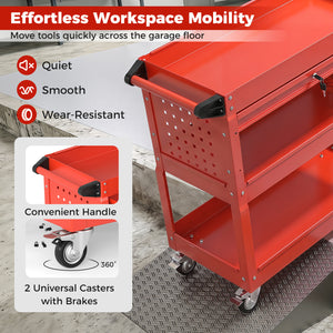 3 Tier Rolling Tool Cart with Lockable Drawer for Garage and Workshop-Red