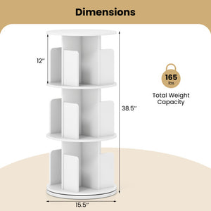 3-Tier Rotating Bookshelf with Dividers and Anti-falling Baffles-White