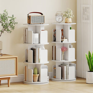 3-Tier Rotating Bookshelf with Dividers and Anti-falling Baffles-White