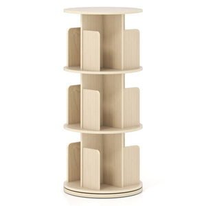 3-Tier Rotating Bookshelf with Dividers and Anti-falling Baffles-Natural
