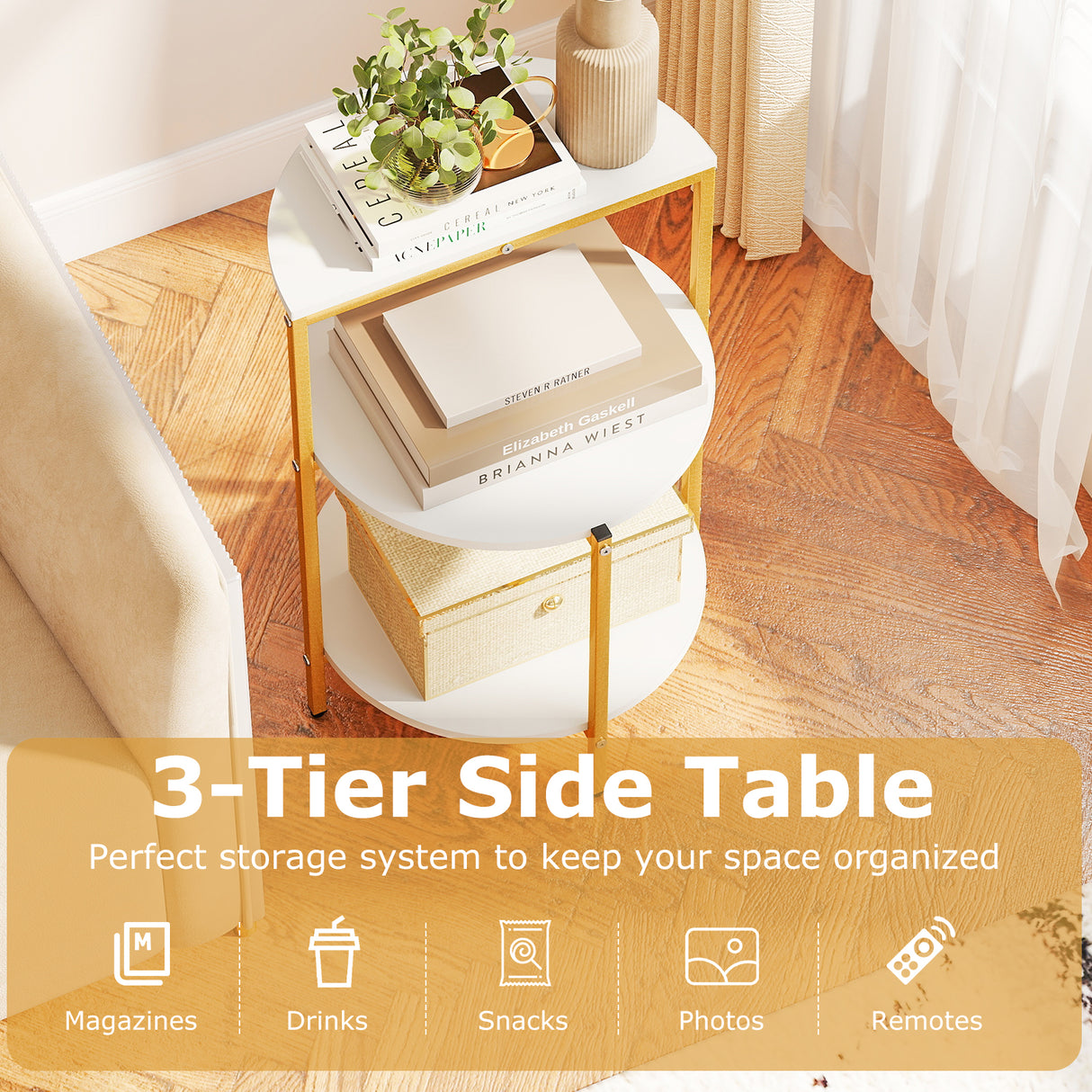 3-Tier Round End Table for Small Space and Bedroom Room-Set of 1