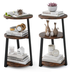 3-Tier Accent Round Side Table with Metal Frame-Set of 2