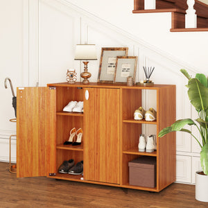 3-Tier Shoe Cabinet with Doors with Adjustable Open Shelves for Entryway-Natural