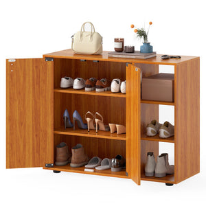 3-Tier Shoe Cabinet with Doors with Adjustable Open Shelves for Entryway-Natural