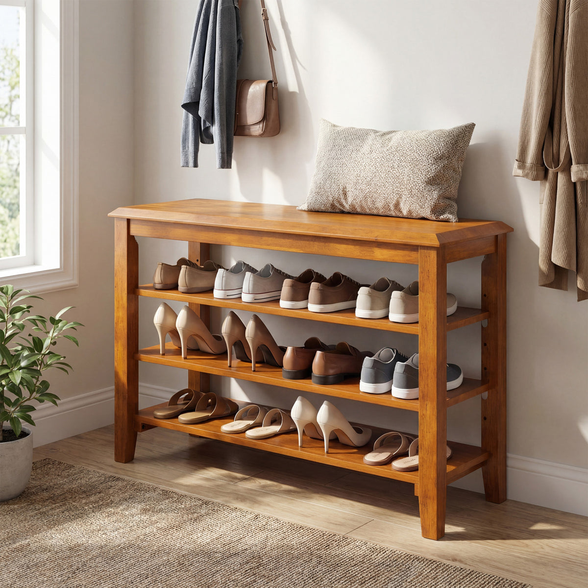 3-Tier Shoe Rack Bench with Adjustable Shelves for Entryway and Living Room-Brown