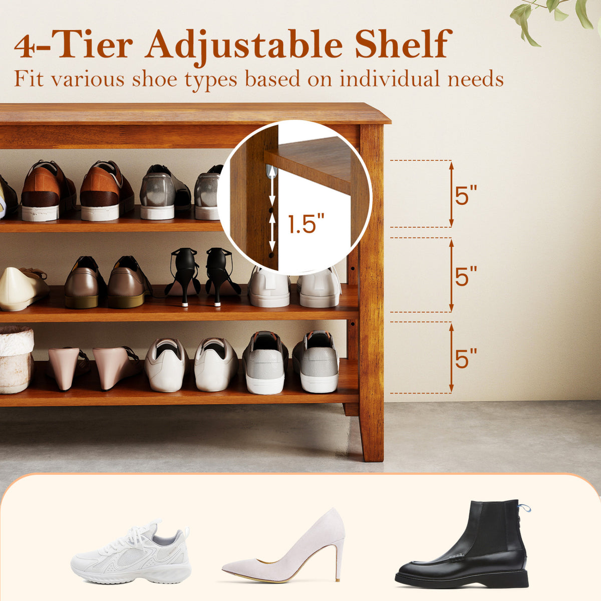 3-Tier Shoe Rack Bench with Adjustable Shelves for Entryway and Living Room-Brown