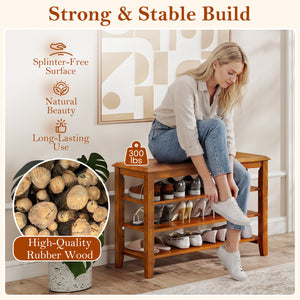 3-Tier Shoe Rack Bench with Adjustable Shelves for Entryway and Living Room-Brown