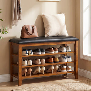 3-Tier Shoe Rack Bench with Adjustable Shelves and Soft Cushion for Entryway and Living Room-Brown
