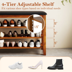 3-Tier Shoe Rack Bench with Adjustable Shelves and Soft Cushion for Entryway and Living Room-Brown