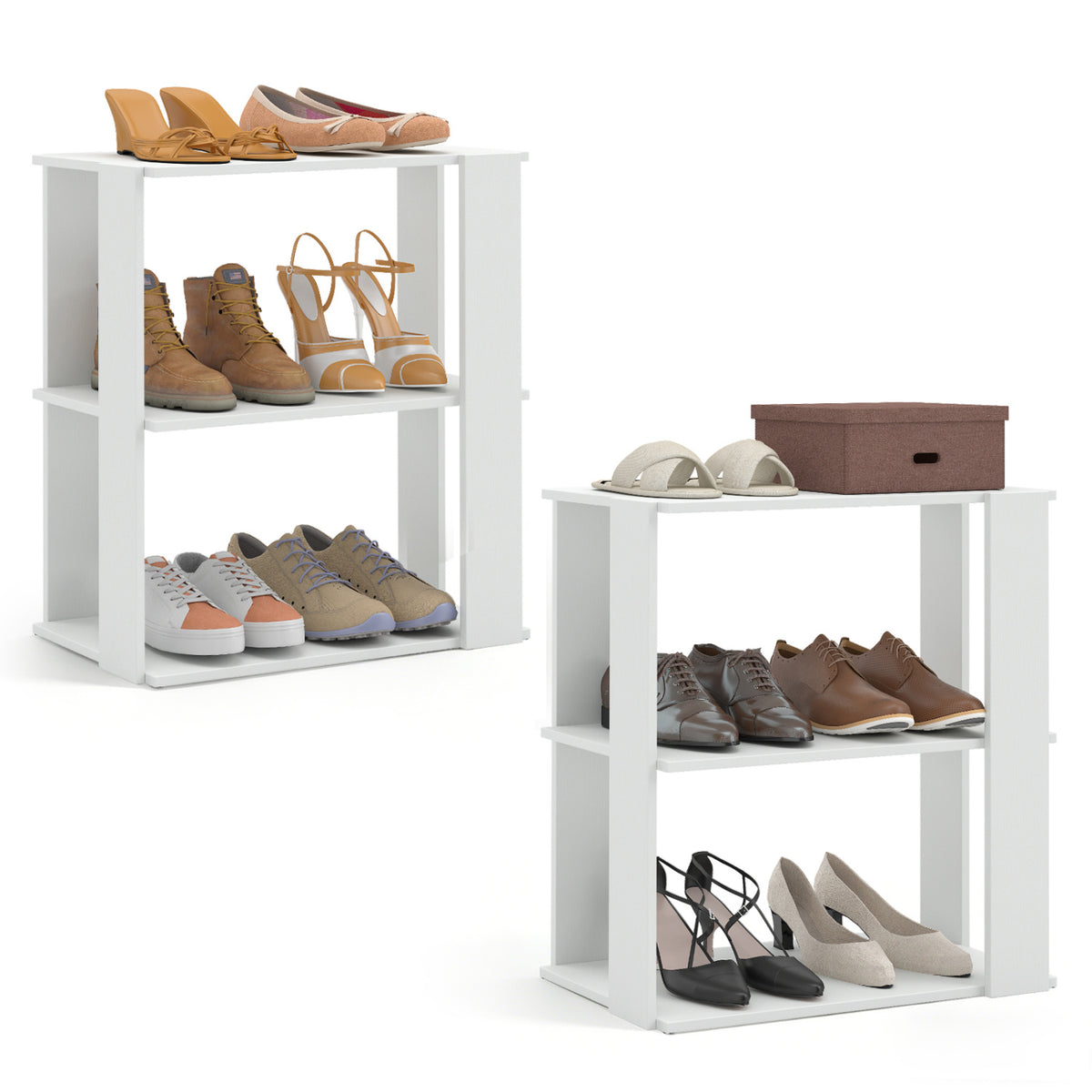 3-Tier Shoe Rack Set of 2 with Stackable Design and Anti-Tipping Device for Closet-White