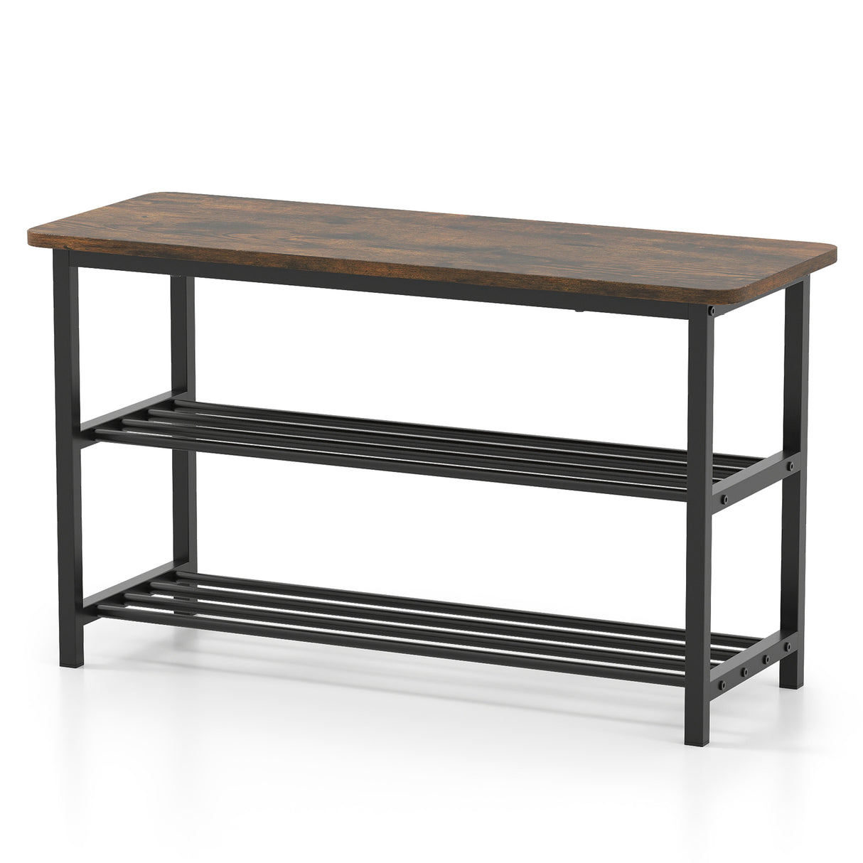 3-Tier Shoe Rack Shoe Bench with Metal Slat Shelves and Long Wooden Seat-Rustic Brown