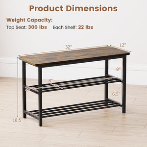 3-Tier Shoe Rack Shoe Bench with Metal Slat Shelves and Long Wooden Seat-Rustic Brown