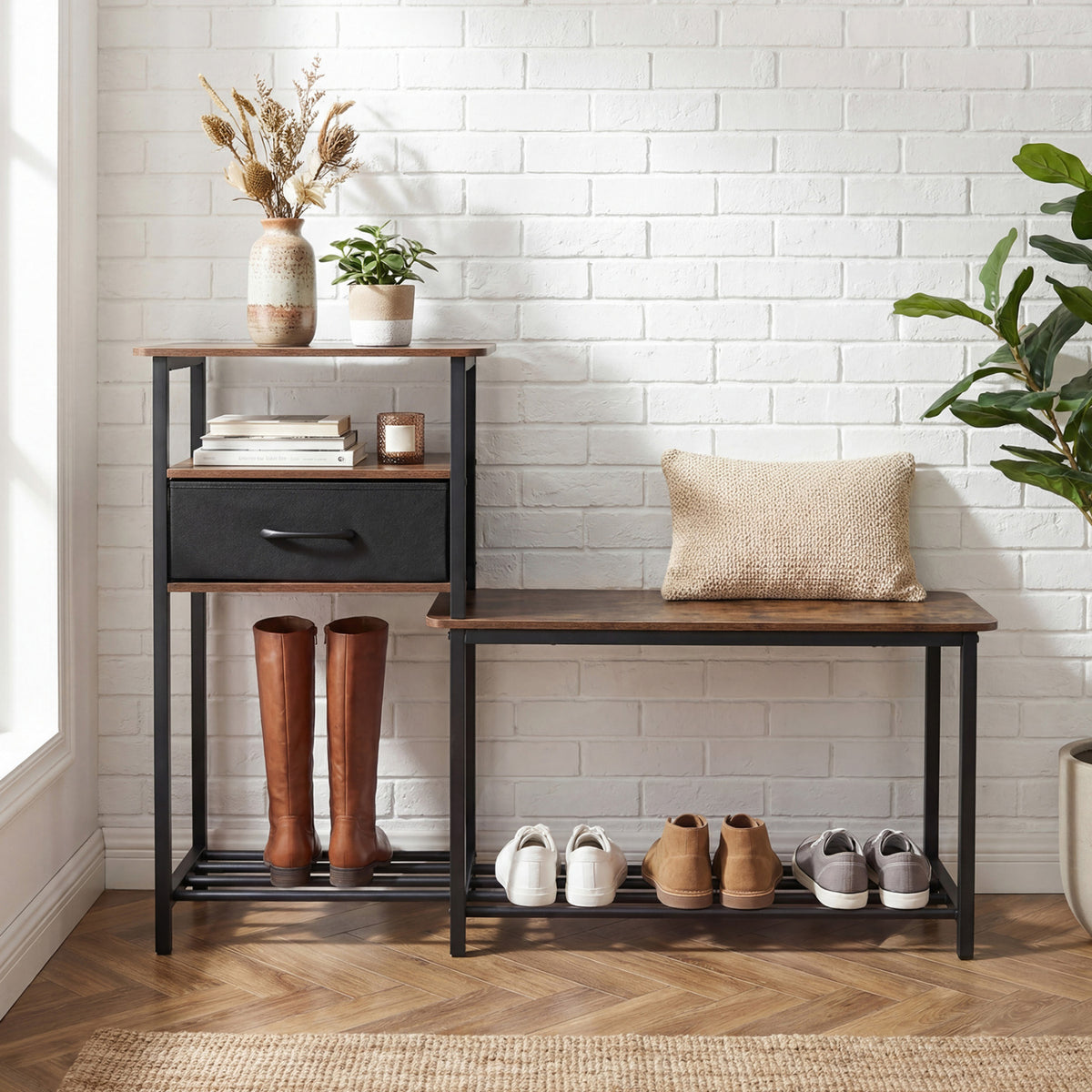 3-Tier Shoe Storage Rack Bench with Drawer and Metal Frame-Rustic Brown