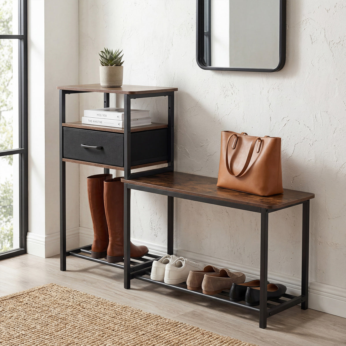 3-Tier Shoe Storage Rack Bench with Drawer and Metal Frame-Rustic Brown
