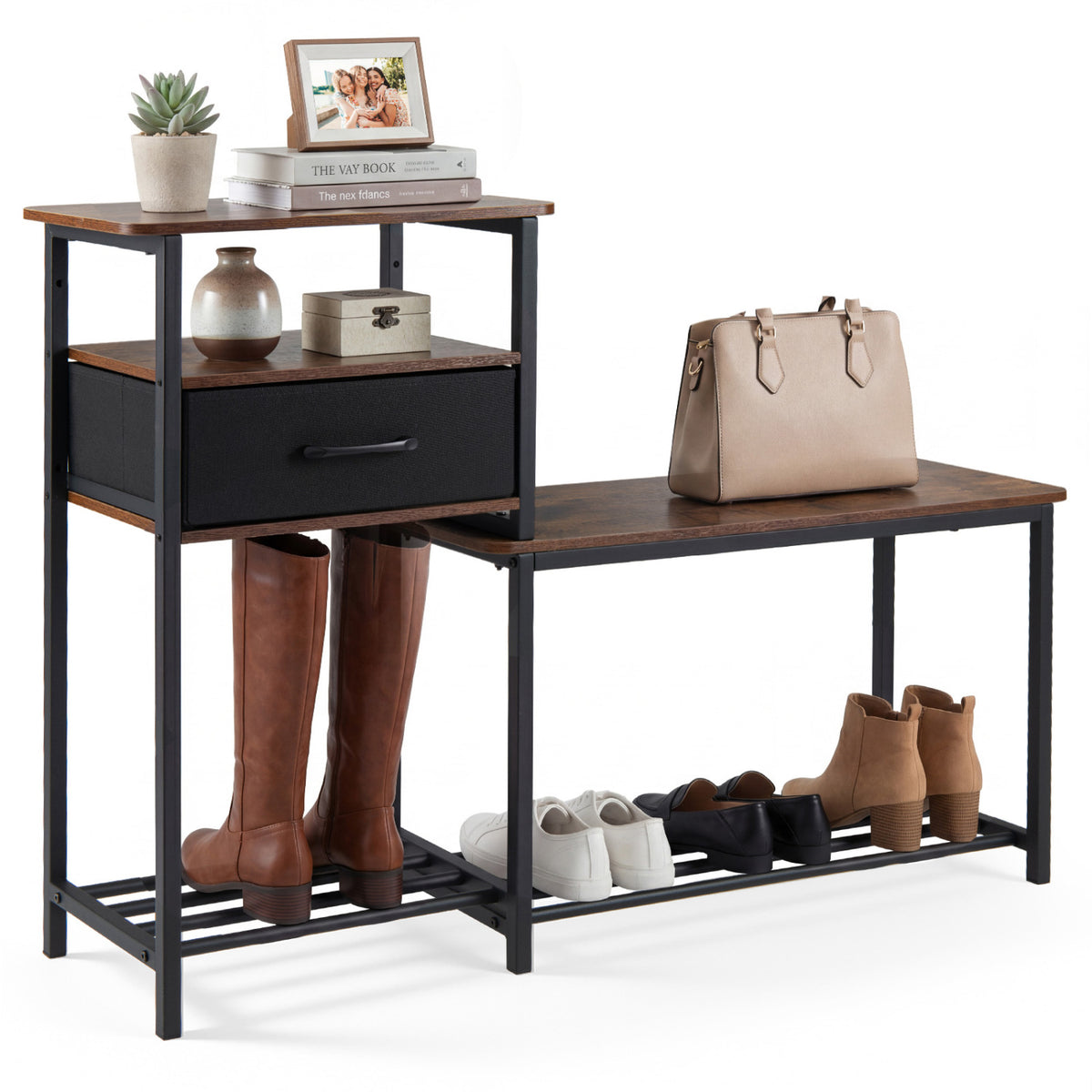 3-Tier Shoe Storage Rack Bench with Drawer and Metal Frame-Rustic Brown